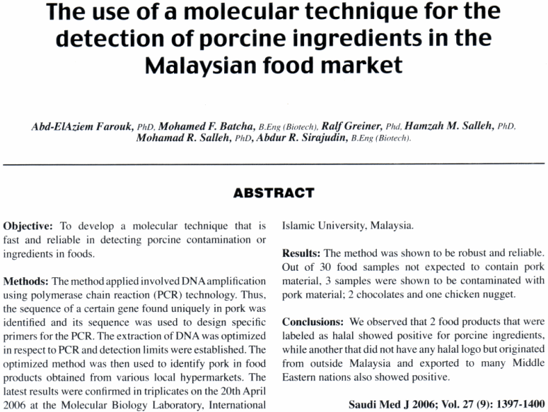 Use of molecular technique for 
detection of porcine ingredients in food labelled pork-free