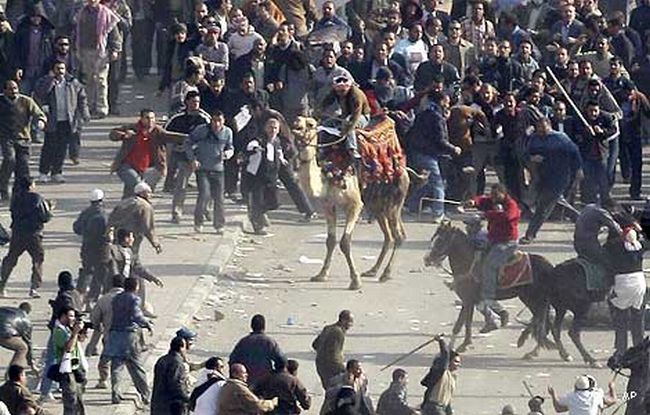 Baton & metal bar wielding paid thugs on camels and horses